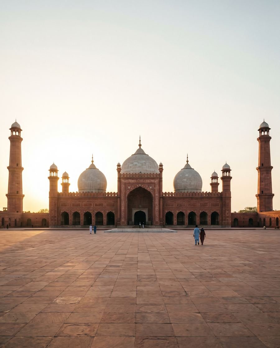 Badshahi Mosque in Lahore across its courtyard at golden hour.