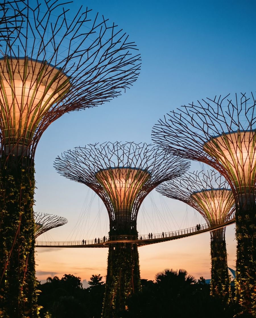 The Supertree Grove at Gardens by the Bay at dusk.