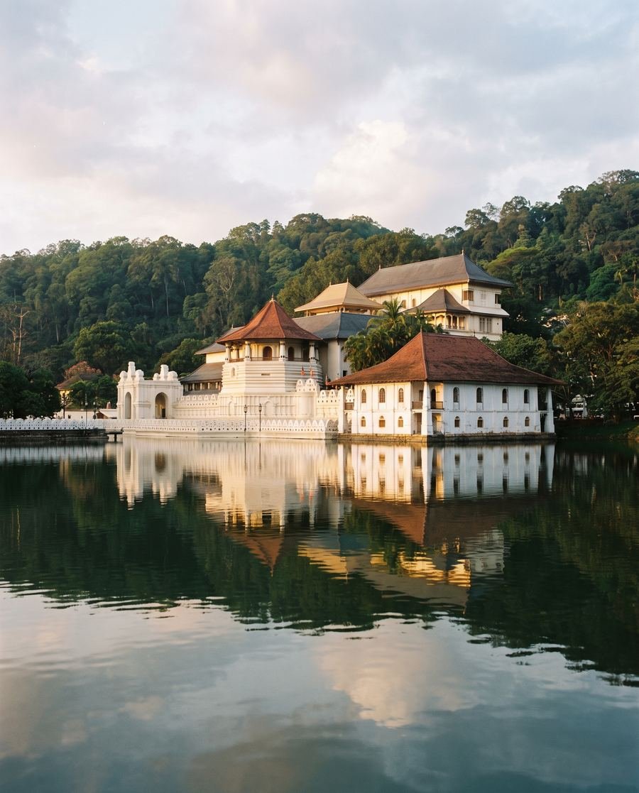 The Temple of the Tooth reflected in Kandy Lake.