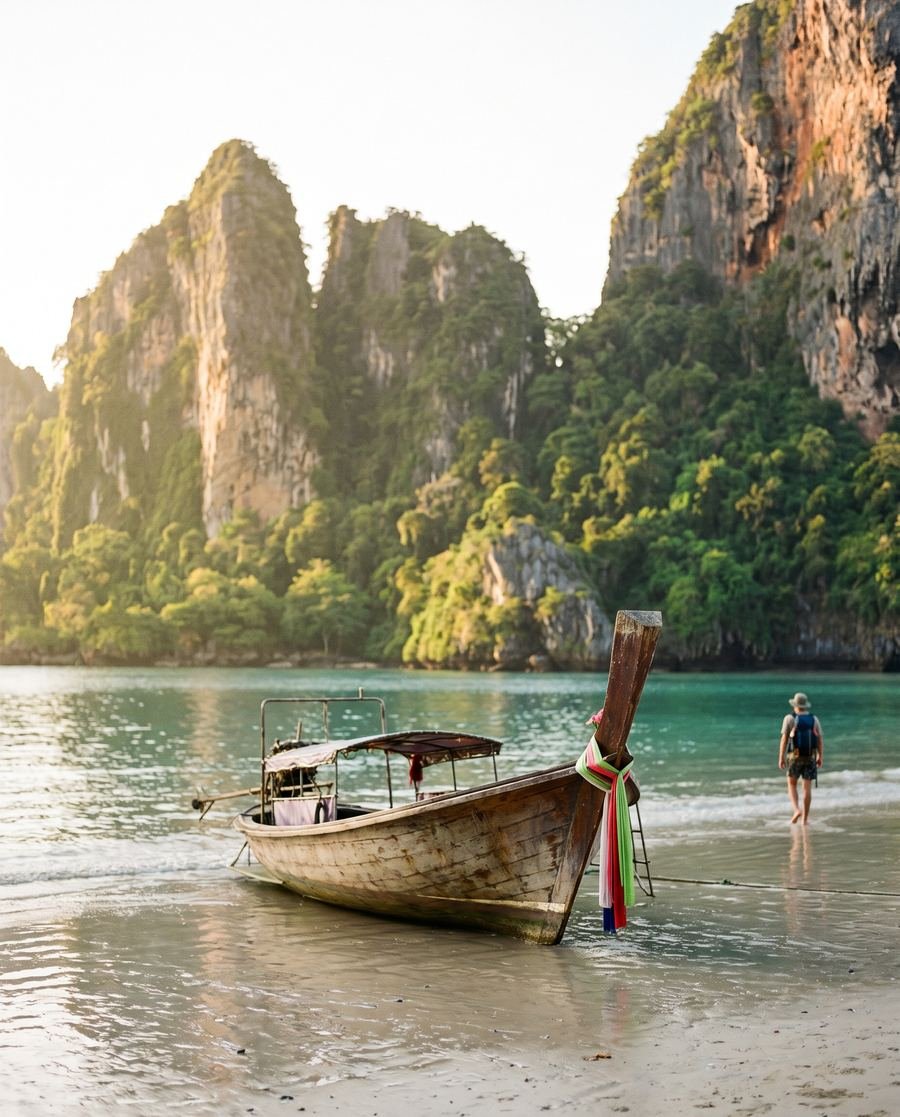 Railay Beach in Krabi with limestone cliffs and a longtail boat.