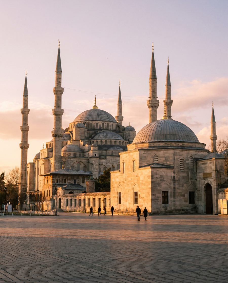 The Blue Mosque in Istanbul at golden hour.