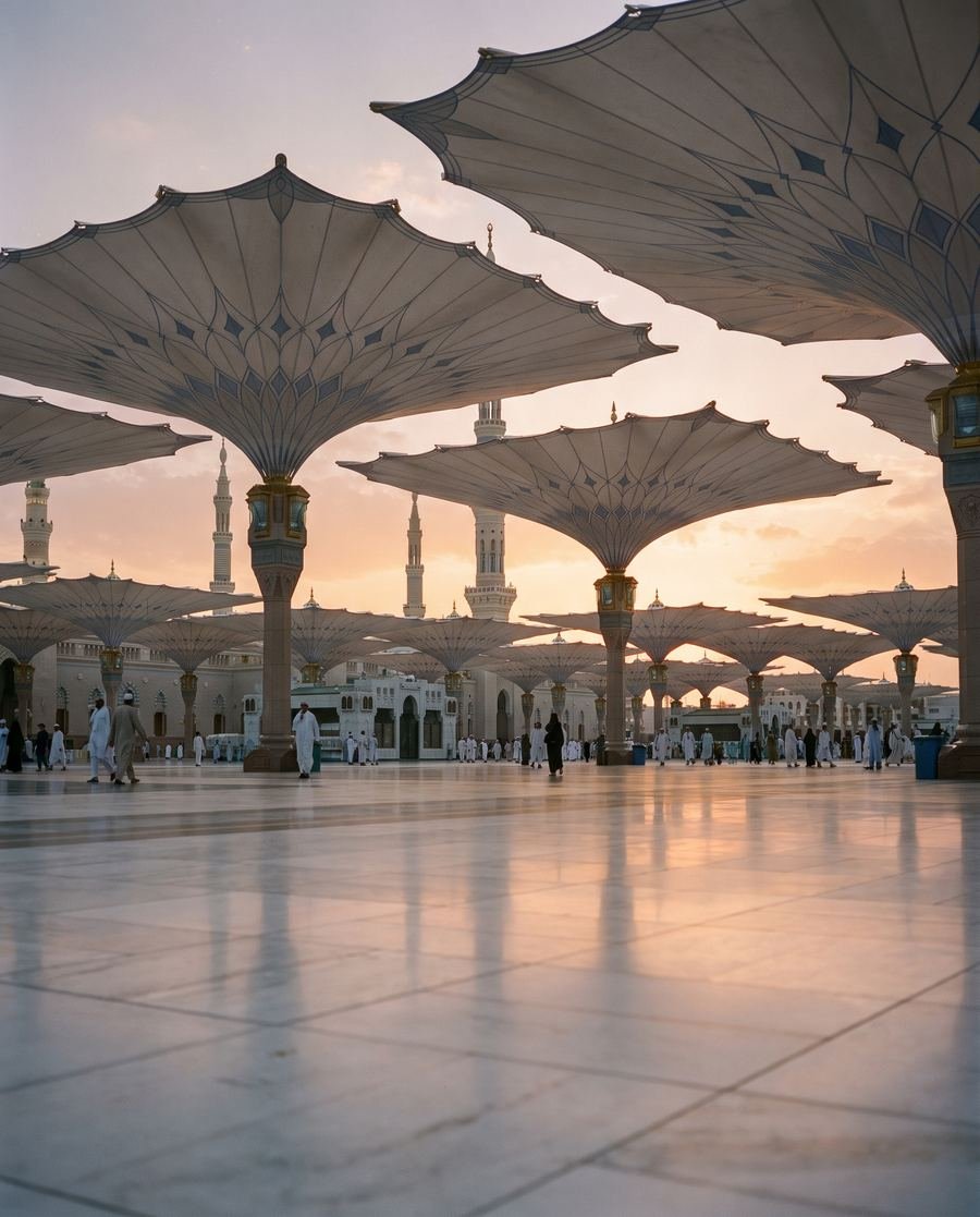The courtyard umbrellas of the Prophet’s Mosque in Madinah at golden hour.