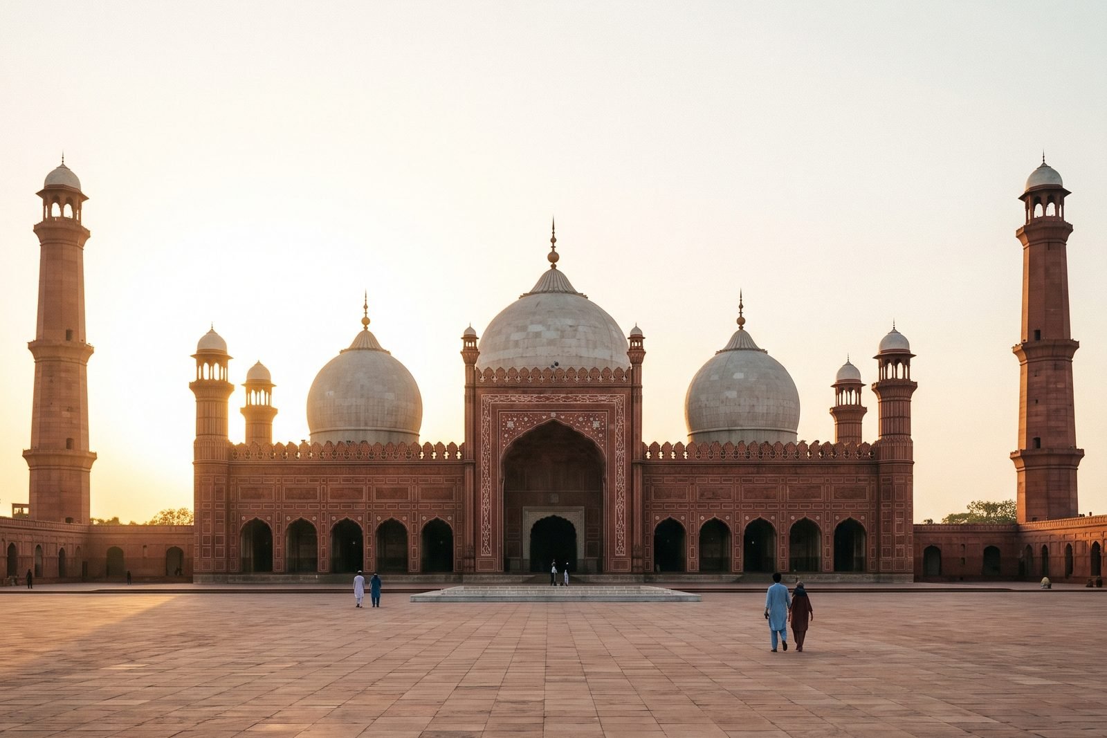 Illustration of Badshahi Mosque in Lahore across its courtyard at golden hour.