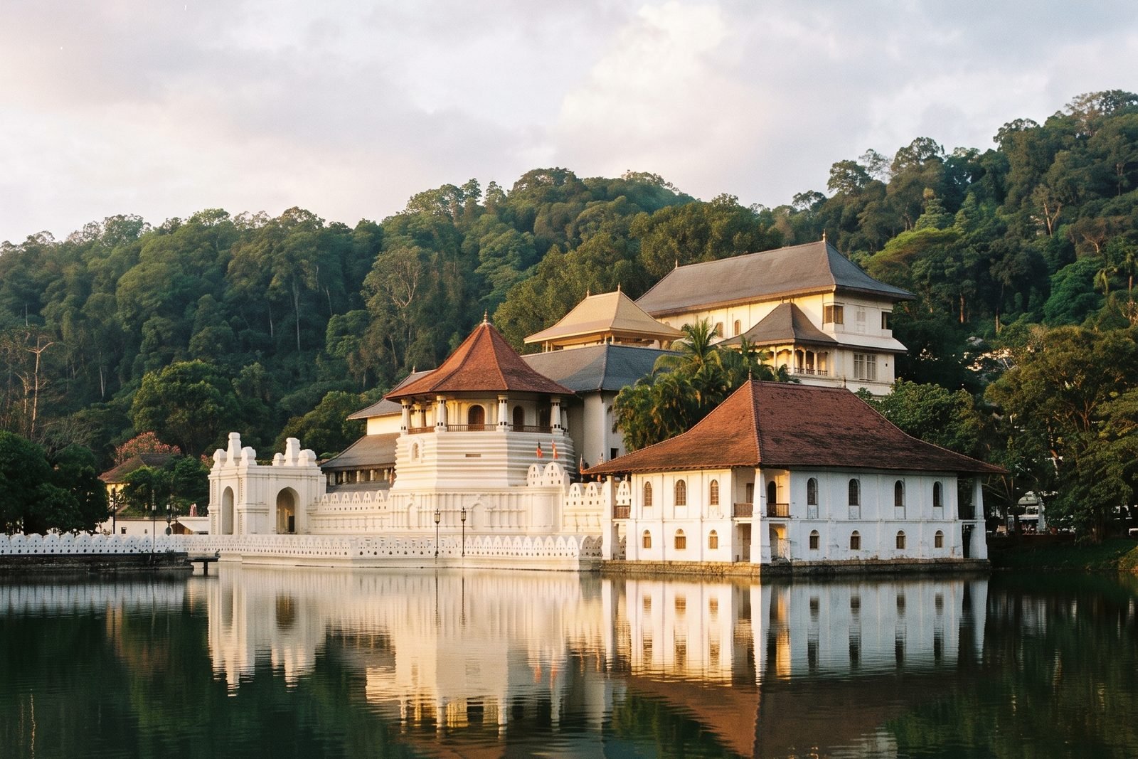 Illustration of the Temple of the Tooth reflected in Kandy Lake.