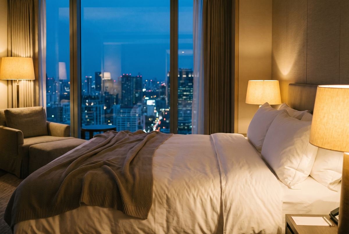 A hotel room at dusk with a made bed and a city skyline through the window.