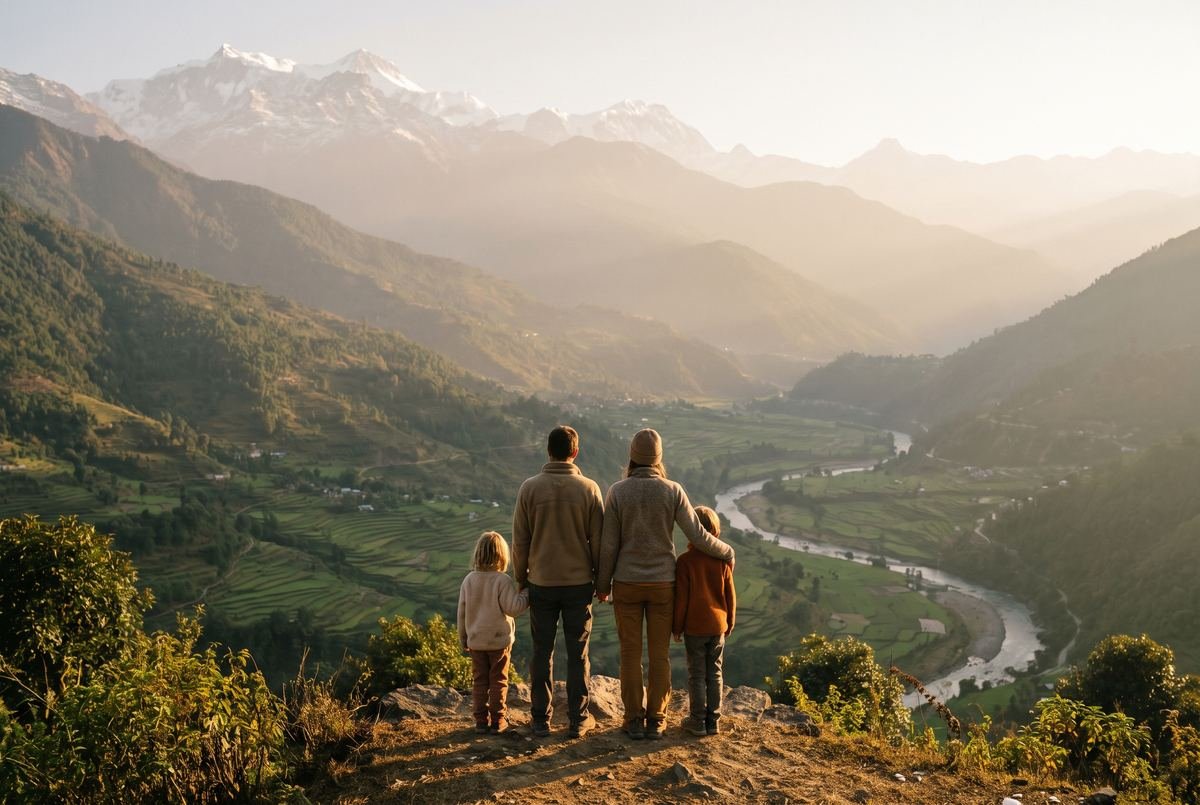 A family seen from behind at a viewpoint above a green valley in northern Pakistan.