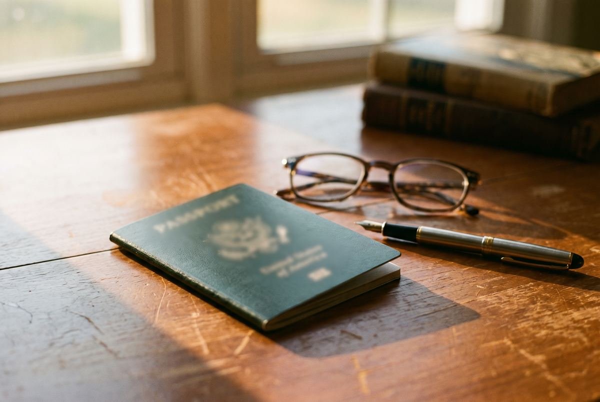 A green passport on a wooden desk beside reading glasses and a pen.