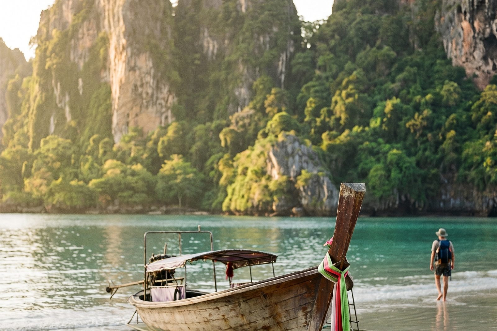 Illustration of Railay Beach in Krabi with limestone cliffs and a longtail boat.