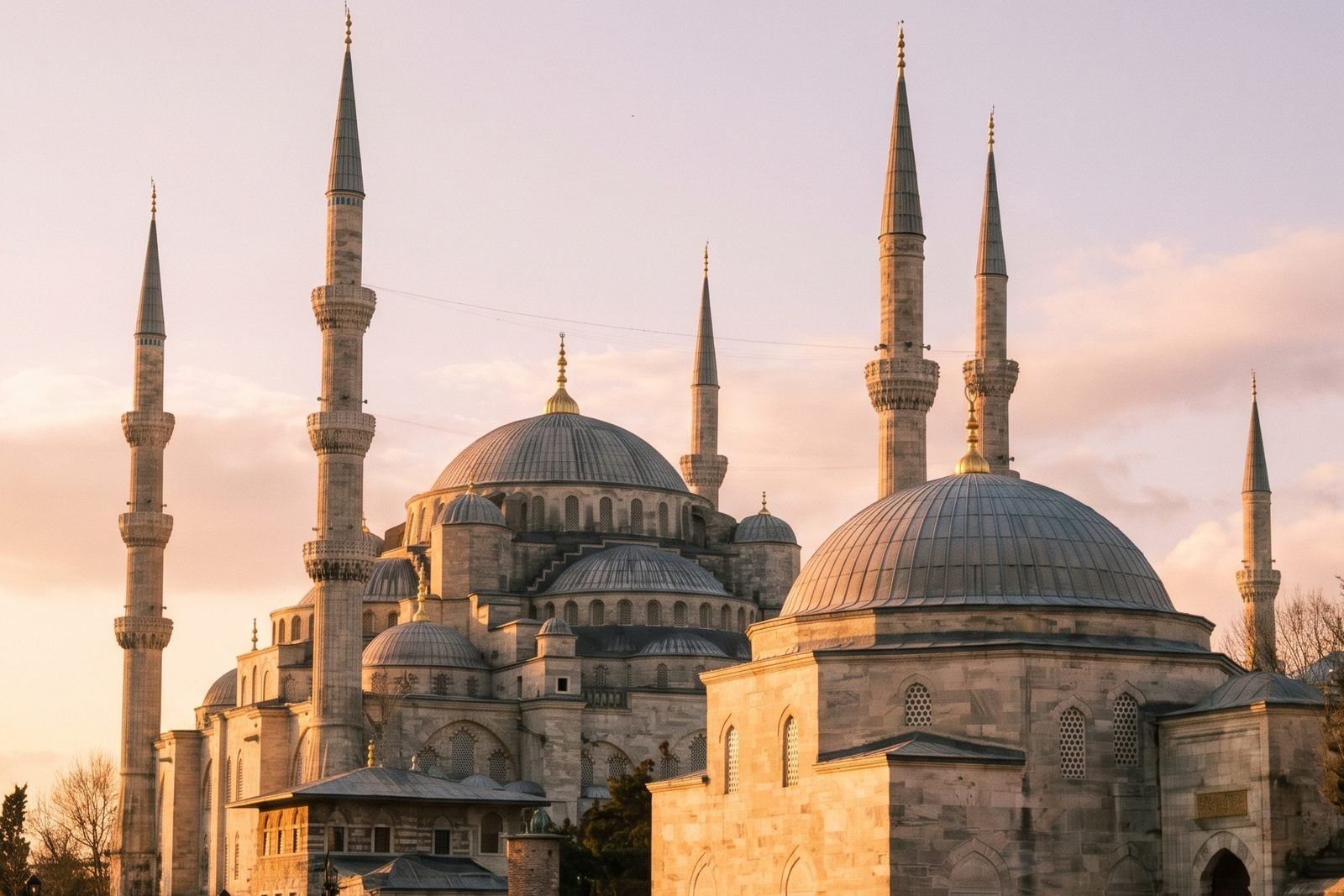 Illustration of the domes and minarets of the Blue Mosque in Istanbul at golden hour.