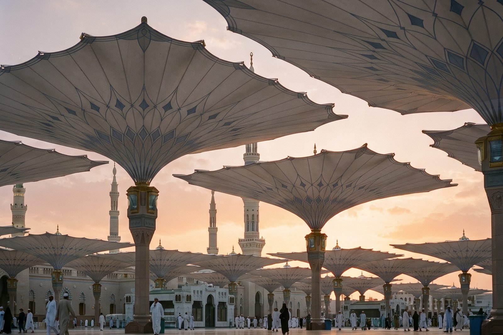Illustration of the courtyard umbrellas of the Prophet’s Mosque in Madinah at golden hour.